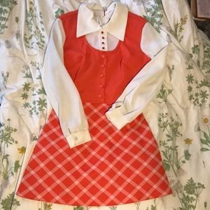 Vintage school girl dress 1960s 1970s red plaid